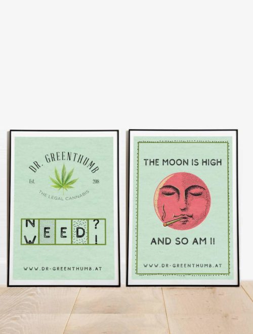2 Poster mit "NeedWeed"- und "The Moon is high and so am I"-Aufschrift
